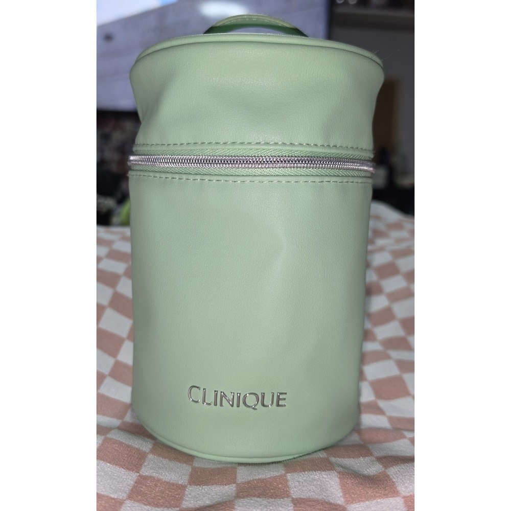 Clinique Makeup Bag Mint Green Cylindrical Train Case with Handle Zipper